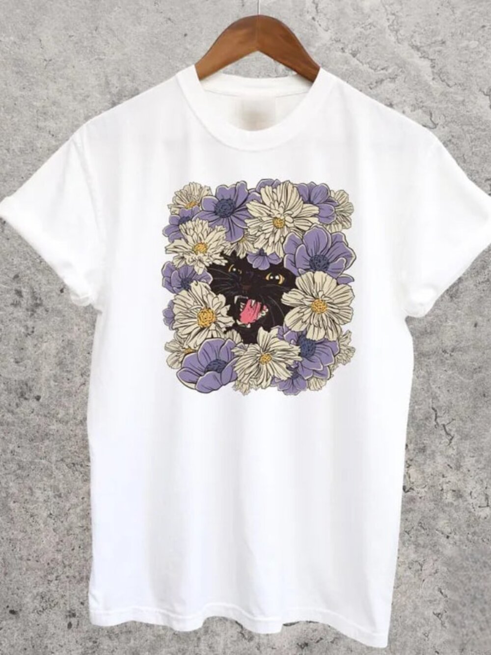 Graphic Floral Cat Shirt, Cute Cat Floral Tee
